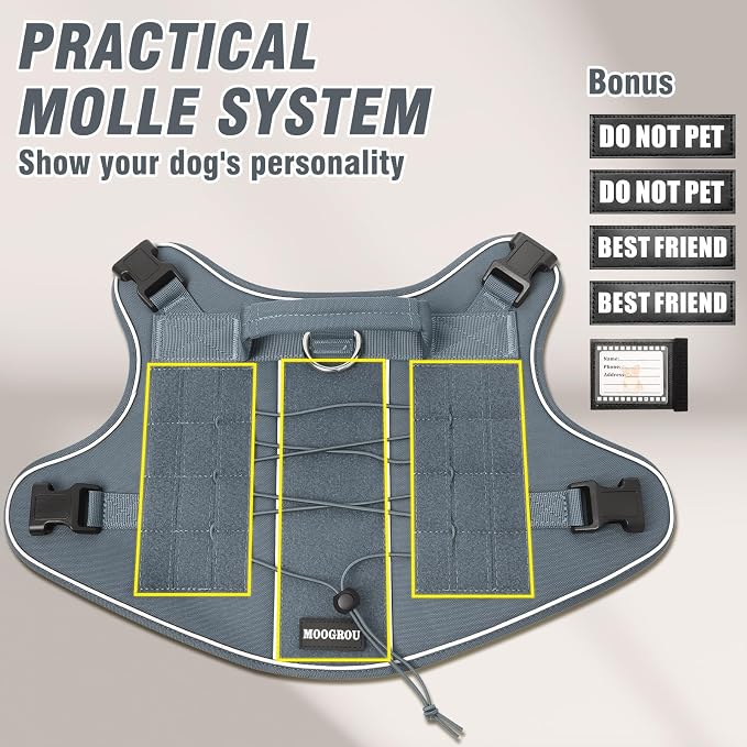 Tactical Dog Harness Small Sized Dog,No Pull Military Dog Vest with Handle,Reflective Heavy Duty Pet Harness for Walking Hiking Training Gray S