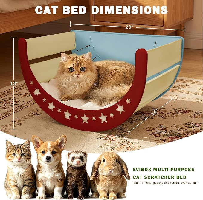 3-in-1 Crescent Elevated Cat Bed with Removable Sisal Scratcher & Soft Fleece Mat, Rocking Cat Hammock Lounge for Indoor Cats, Kittens & Small Animals, Blue