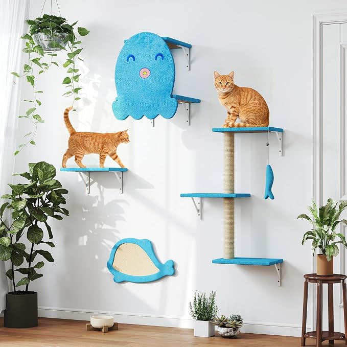 5 Pcs Wall-Mounted Climber Set, Wood Indoor with Shelves and Perches, Ladder, Condo House, Scratching Board and Tree, Wall Shelves Furniture for Cats (Ocean Blue)