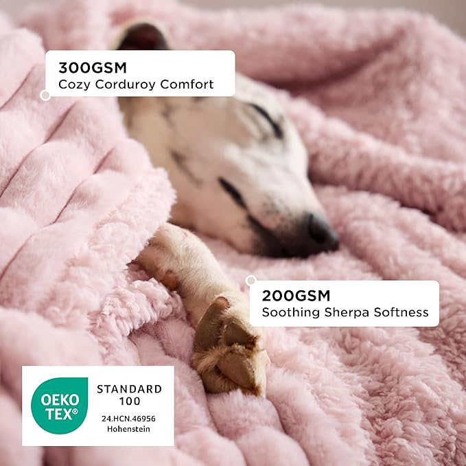 Bedsure ComfyFleece™ Waterproof Dog Blankets for Medium Dogs 30"x40" | Soft Plush Puppy Cat Blanket, Washable Corduroy Fleece,Cozy Calming Reversible Furniture Protector Indoor for Pet, Blush Pink