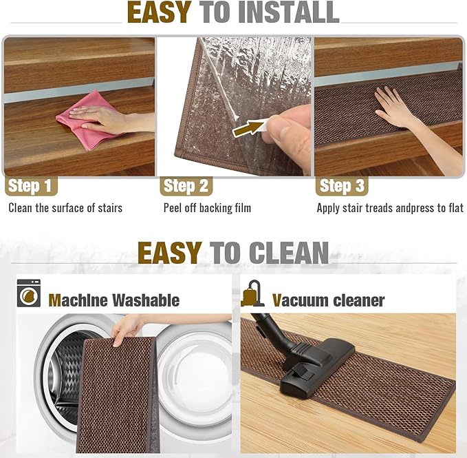 Stair Treads Non Slip for Wooden Steps Indoor 9" x 30" 4 Pack Extra Wide Stair Tread Carpet Stairs Runner, Step Pads with Reusable Adhesive for Dogs Kids Elders, Machine Washable, Brown
