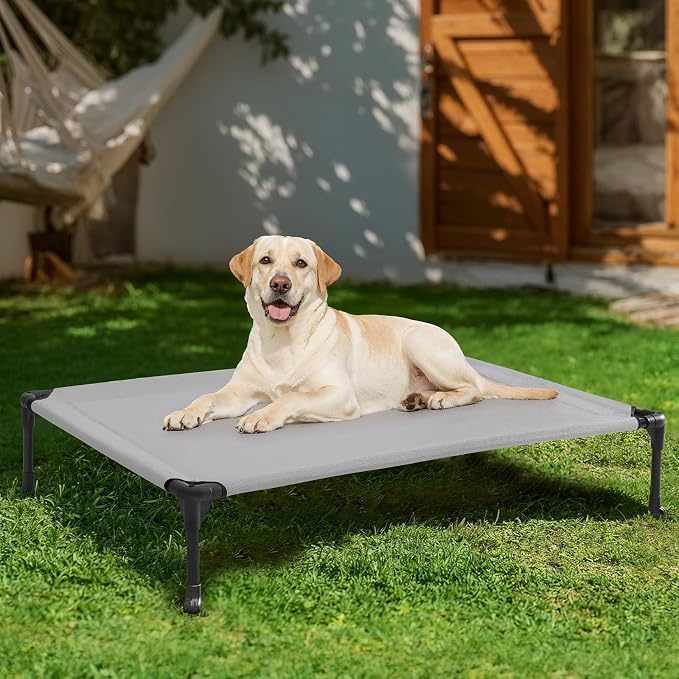 Veehoo Outdoor Elevated Dog Bed Large Sized Dogs, Cooling Raised Dog Cots | Off-ground training platform, portable camping hammock, breathable mesh, easy to clean, no-tool setup, 42"x30", Gray
