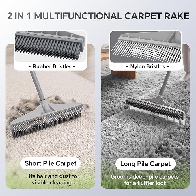 Walensee Carpet Brush for Pet Hair Removal, 2 in 1 Carpet Rake & Rubber Broom with Nylon Cleaning Brush, Adjustable Long Handle Rug Rake for Shag Carpet, Rugs, Stairs, Mats and Floors