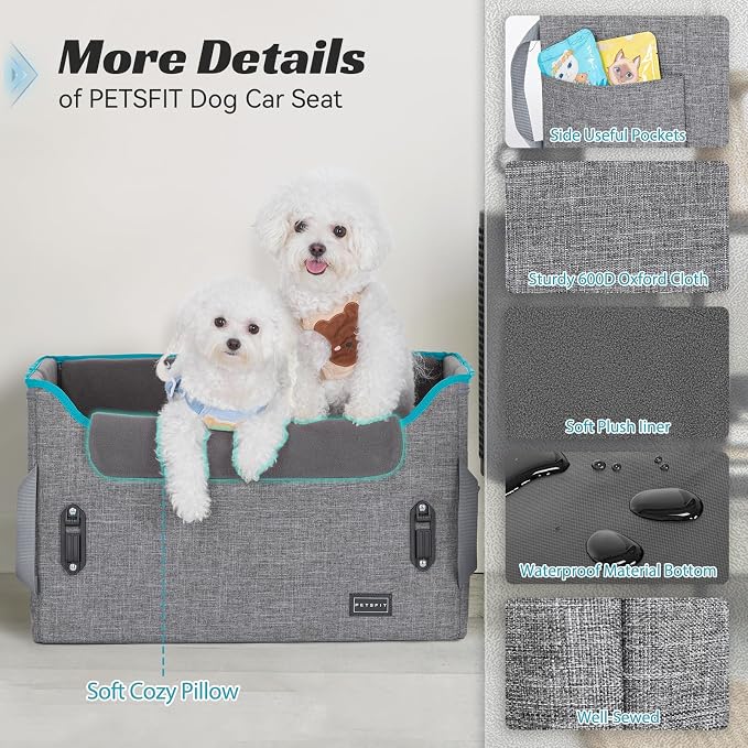 PETSFIT Dog Booster Car Seat for Small/Medium Dogs, Dog Car Seat for Medium Sized Dog with 2 Clip-On Safety Leashes and Patented Buckles, Pet Car Seat with Storage Pockets for Pets Under 45Lbs (Grey)