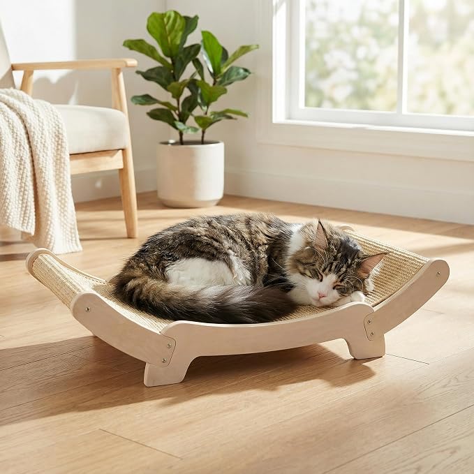 Sisal Cat Scratcher Bed for Indoor Cats Hammock for Scratching Pad Cat Chair Nartural Sisal Scratch Post for Large Cats Scratcher Lounge, Wooden Cat