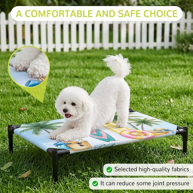 Outdoor Elevated Dog Bed for Large Dogs, Summer Beach Surfboard Breathable Cooling Raised Dog Cot for Indoor/Outdoor, Tropical Palm Tree Swimming Ring Waterproof Elevated Pet Beds, L 28 x 22 in