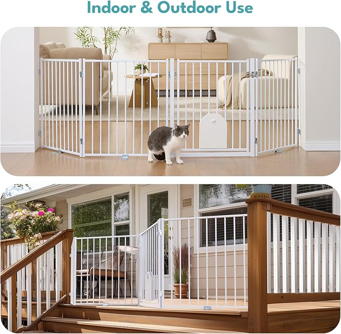 No Pawblems Free Standing Dog Gate with Cat Door, 30'' Tall Foldable Dog Fence for Indoor & Outdoor, Up to 78 Inch Extra Wide Puppy Gate for Stairs, Hallways, Doorways, Deck, Yard (White, 3 Panels)