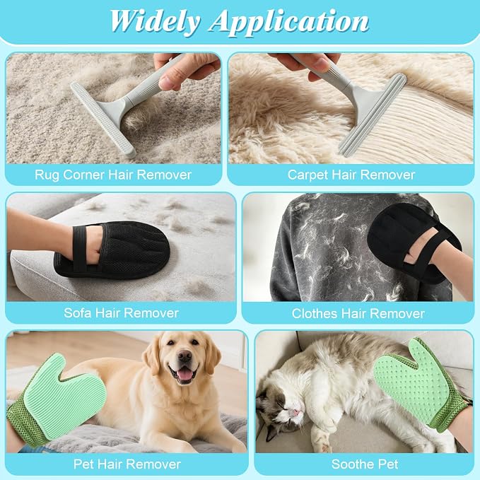 4 in 1 Carpet Rake for Pet Hair Removal - Reusable Pet Hair Removal Glove for Dog Cat Fur Remover, Contain 23-54" Rubber Broom, Silicone Comb Gloves, Magic Brush and Small Scraper for Sofa, Rugs, Mats