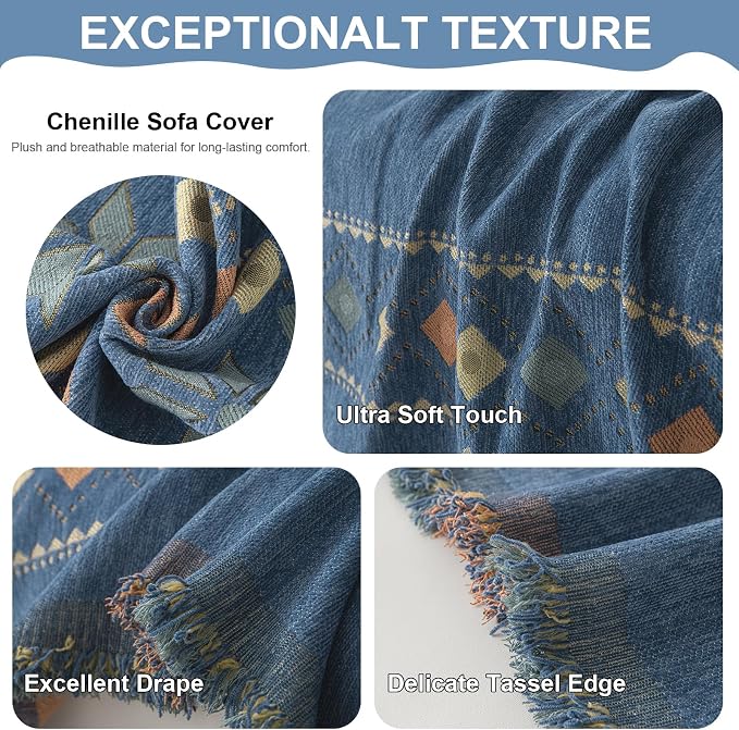 VClife Boho Couch Cover Blue Geometric Jacquard Pattern Sofa Cover, 1 Piece Large Couch Covers for 3 Cushion Couch Sofa Washable Plush Chenille Sofa Protector for Living Room, 71x150 Inch