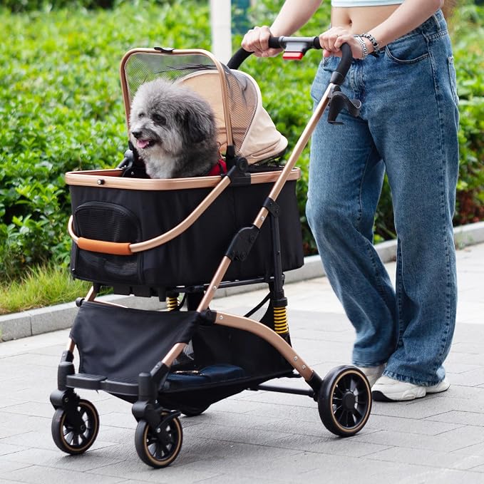 Coziwow Dog Stroller for Pets, One Hand Fold Puppy Stroller with 6 Shock Absorbers, Removable Cabin & Storage Basket, 4 Wheels Dual Brakes, Rose Gold + Black