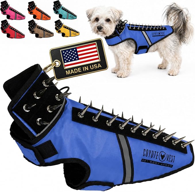 CoyoteVest SpikeVest Dog Harness, Made in the USA, S-Royal Blue | Stab-Resistant Protective Vest | Coyote Vest for Dogs | Defends Against Coyotes, Dogs, Birds of Prey | Reflective Safety