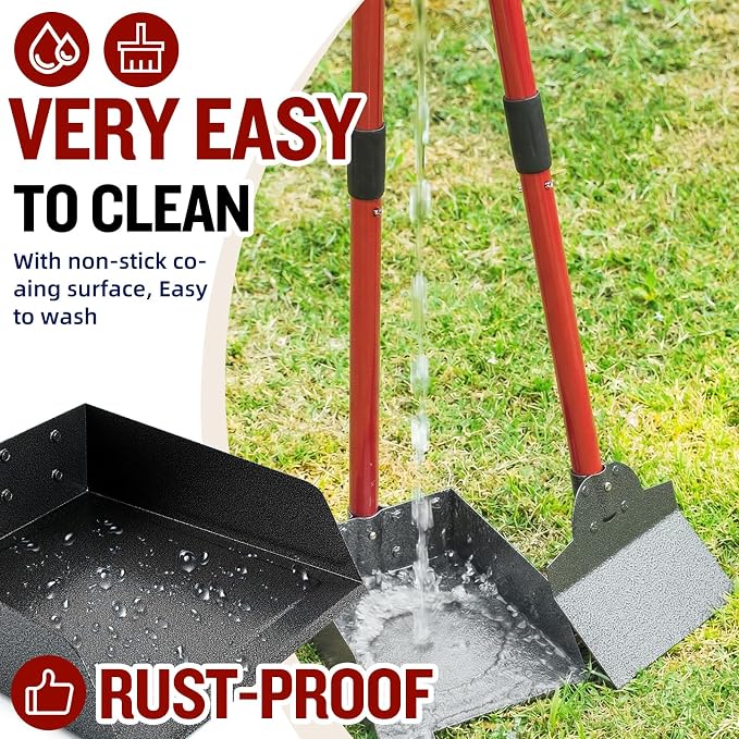Pooper Scooper for Large Dogs, Adjustable Long Handle Metal Tray and Spade Poop Scooper for Dogs with Bin for Pet Waste Removal, No Bending Clean Up Pooper Scooper for Medium and Large Dogs,Red