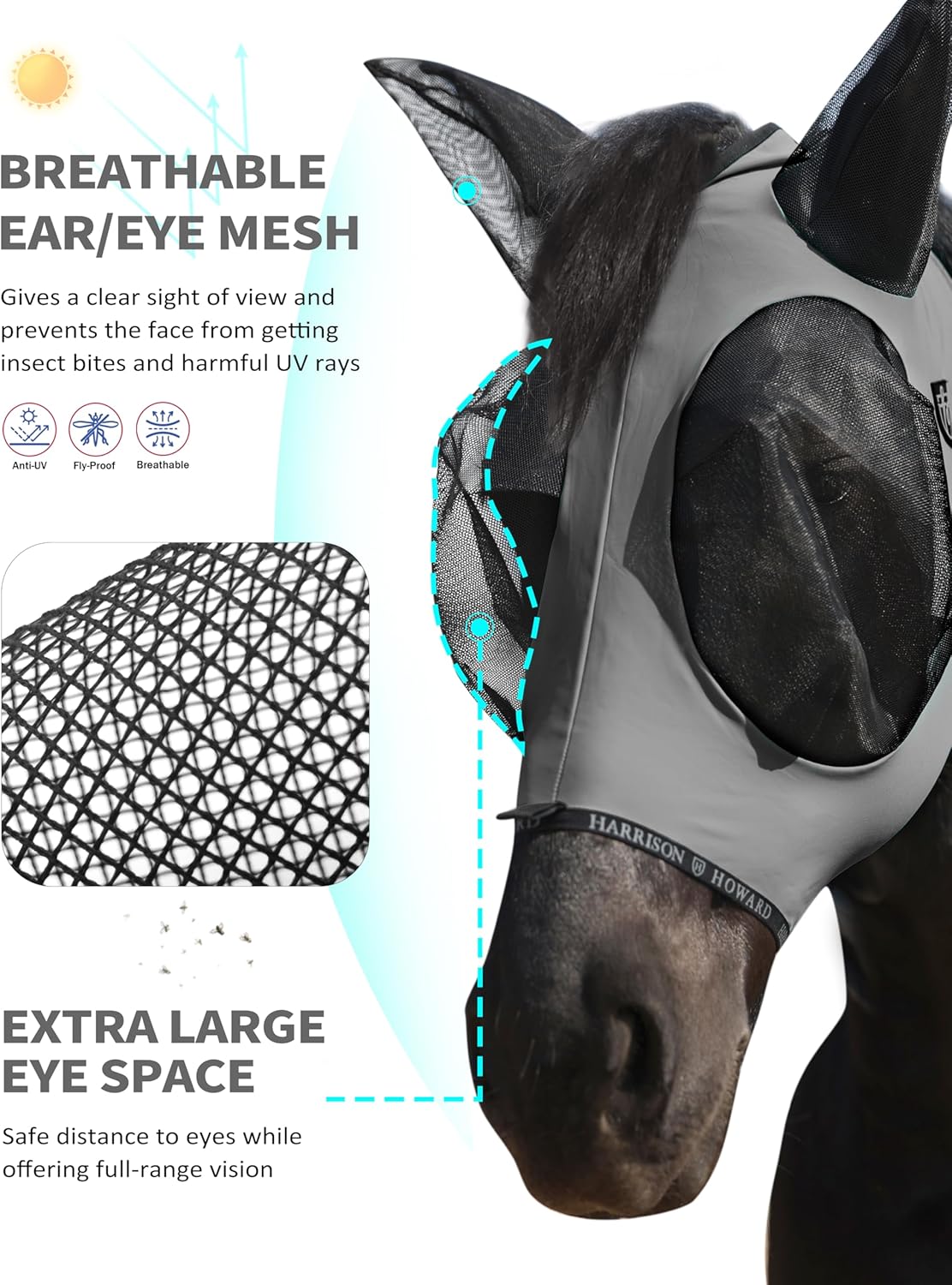 Harrison Howard Horse Fly Mask with Forelock Opening Stretch Breathable and Comfortable for Horses UV -Protection Grey M