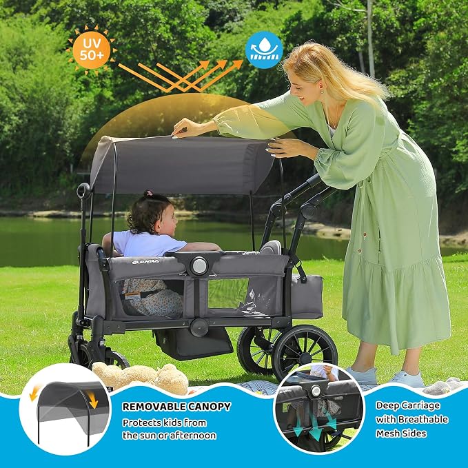ELEMARA Foldable Wagon Stroller, Stroller Wagon for 2 Kids, Premium All Terrain Wagon for Kids with Removable Canopy, Adjustable Push/Pull Handle, Harnesses, Large Storage Bag, Grey