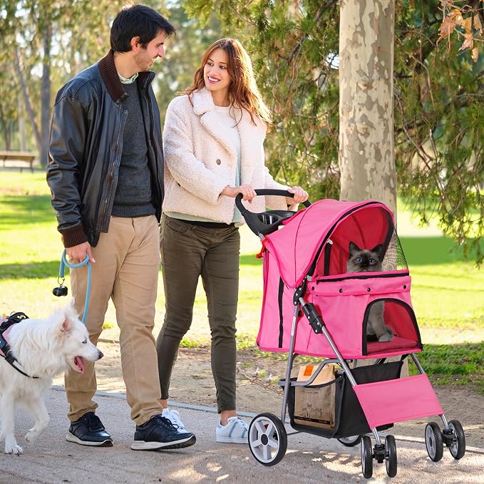 LEMY Foldable Pet Stroller,4 Wheels Cat/Dog Stroller with Weather Cover for Small/Medium Dogs and Cats,Pink Pet Strolling Cart with Storage Basket and Cup Holder