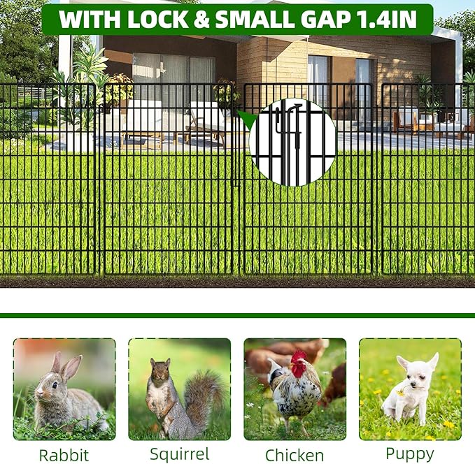 5 Panels Garden Fencing Animal Barrier with Lock, 40 in(H) X 12 ft(L) Dog Fence Outdoor for Yard Rustproof No Dig Decorative Tall Garden Fence Metal Wire Panel Border Rabbit Ground Stakes Fencing