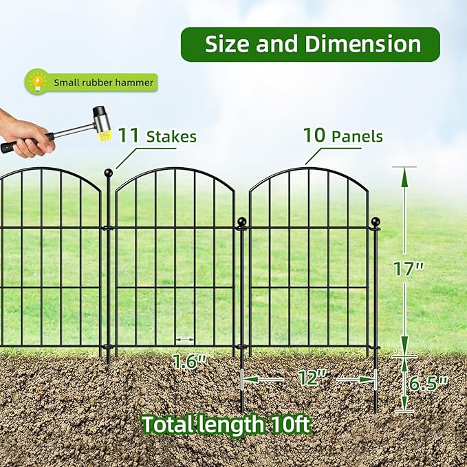 FOREHOGAR Metal Garden Fence 17in (H) x 10ft (L), 10 Panels + 11 Stakes Dog Fence Border Fence Animal Barrier, No Dig Garden Fencing for Yard Flower Bed Patio Outdoor, CTW1710 Black