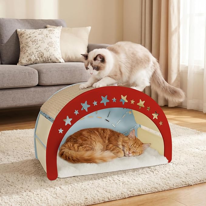 3-in-1 Crescent Elevated Cat Bed with Removable Sisal Scratcher & Soft Fleece Mat, Rocking Cat Hammock Lounge for Indoor Cats, Kittens & Small Animals, Blue