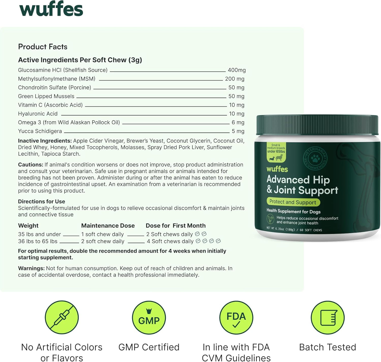 Wuffes Advanced Dog Hip and Joint Supplement with Glucosamine, Chondroitin, Omega 3, MSM, and Green Lipped Mussel, (Pack of 2, Small & Large Breed)