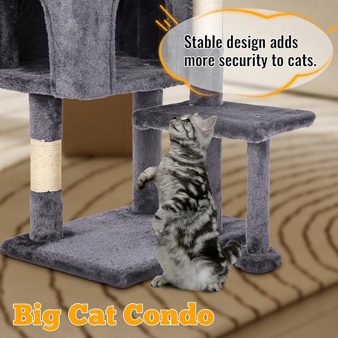 FDW | 37.8" Cat Tree Tower | Light Gray | Multi-Level Indoor Activity Center with Sisal Scratching Posts, Condos, Plush Perches, Hanging Cat Toys | Sturdy, Easy to Assemble | for Kittens & Adult Cats