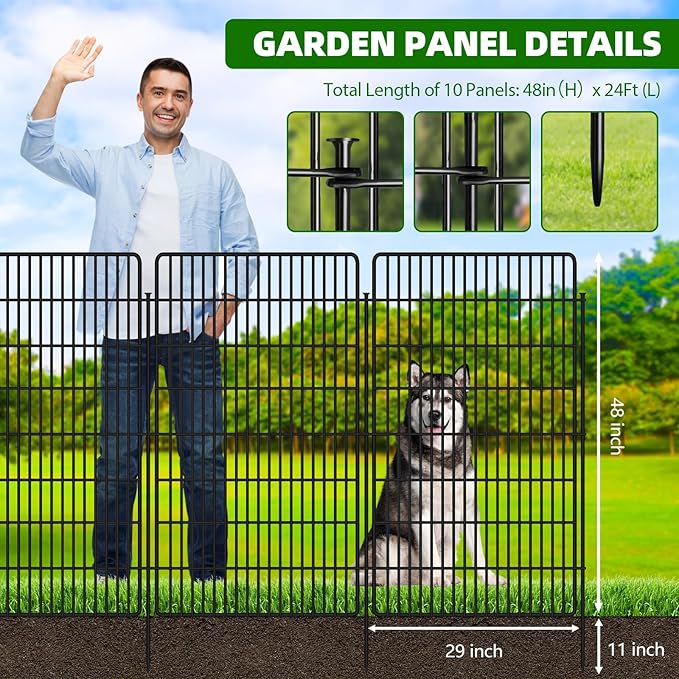 10 Panels Garden Fencing Animal Barrier, 48 in(H) X 24 Ft(L) Dog Fence Outdoor for Yard Rustproof No Dig Decorative Tall Garden Fence Metal Wire Panel Border Rabbit Ground Stakes Fencing