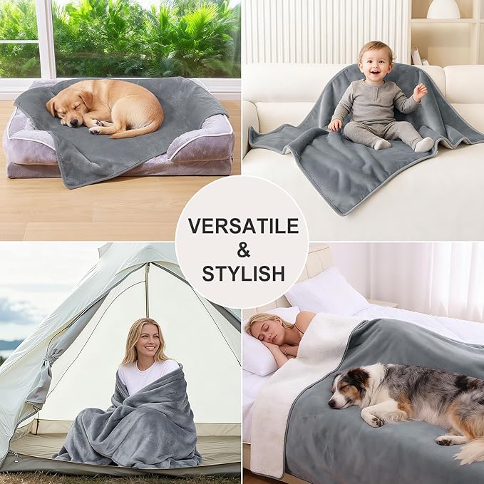 Smiry Waterproof Dog Bed Blanket, Leakproof Pet Throw Blanket for Bed Couch Sofa, Reversible Sherpa Fleece Furniture Protector Cover for Small Medium Large Dogs Cats (Grey, 60x80 inches)