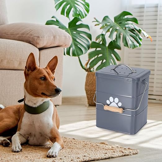 Small Dog Poop Trash Can Outside,1.5Gal/6L Metal Dog Waste Trash Can with Lid/Filter/Handle,Pet Waste Container Bucket with 75 Trash Bags-Gray