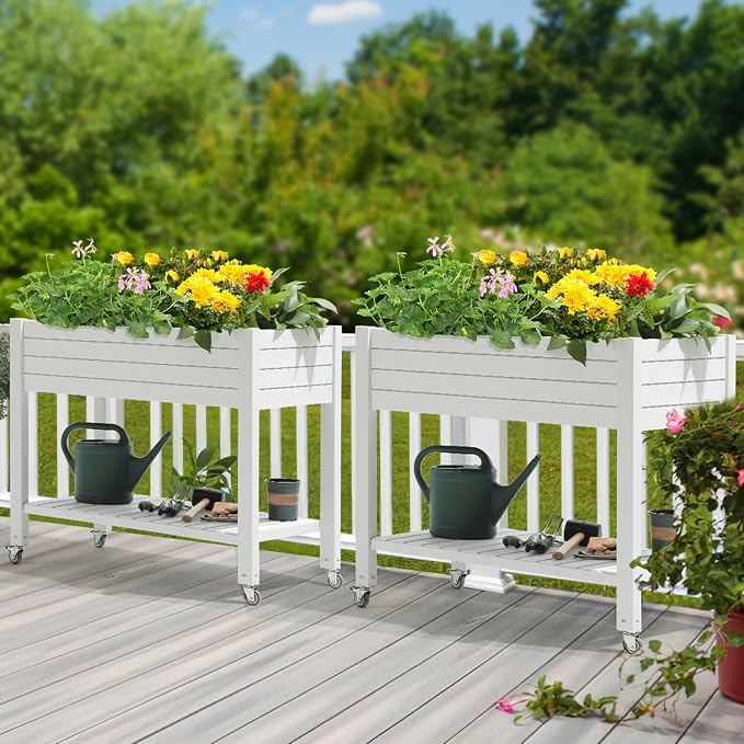 YITAHOME Raised Garden Bed with Wheels 43.3x17.7x34 in Raised Planter Box with Legs, Drain Plug and Storage Shelf, Elevated Planter Box for Plants Vegetables Flowers Herbs, White