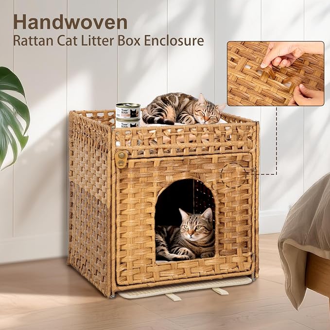 Handwoven Rattan Cat Litter Box Enclosure Furniture - Hidden Cabinet with Odor-Control Mat, Anti-Spill Fence & Secure S-Hooks for Living Room/Bedroom, 18.2"x18.2"x24.5" (Natural)