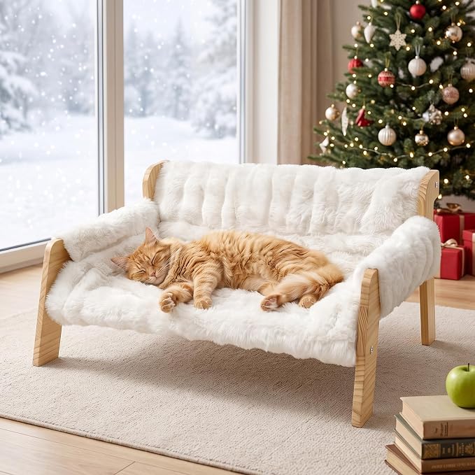 homegroove Elevated Cat Couch Bed, Wood Cat Sofa for Indoor Cats, White﻿ | 27"L x 18"W x 11.8"H, solid wood cat bed with removable washable cushion, available in white and gray, for cats & small dogs