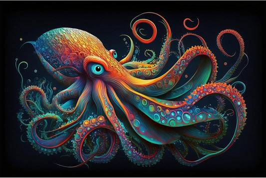 Octopus Aquarium Background Abstract Colorful Octopus Terrarium Background Glowing Octopus on Black Background Fish Tank Backdrop Poster Wallpaper Decorations Vinyl 30x18in