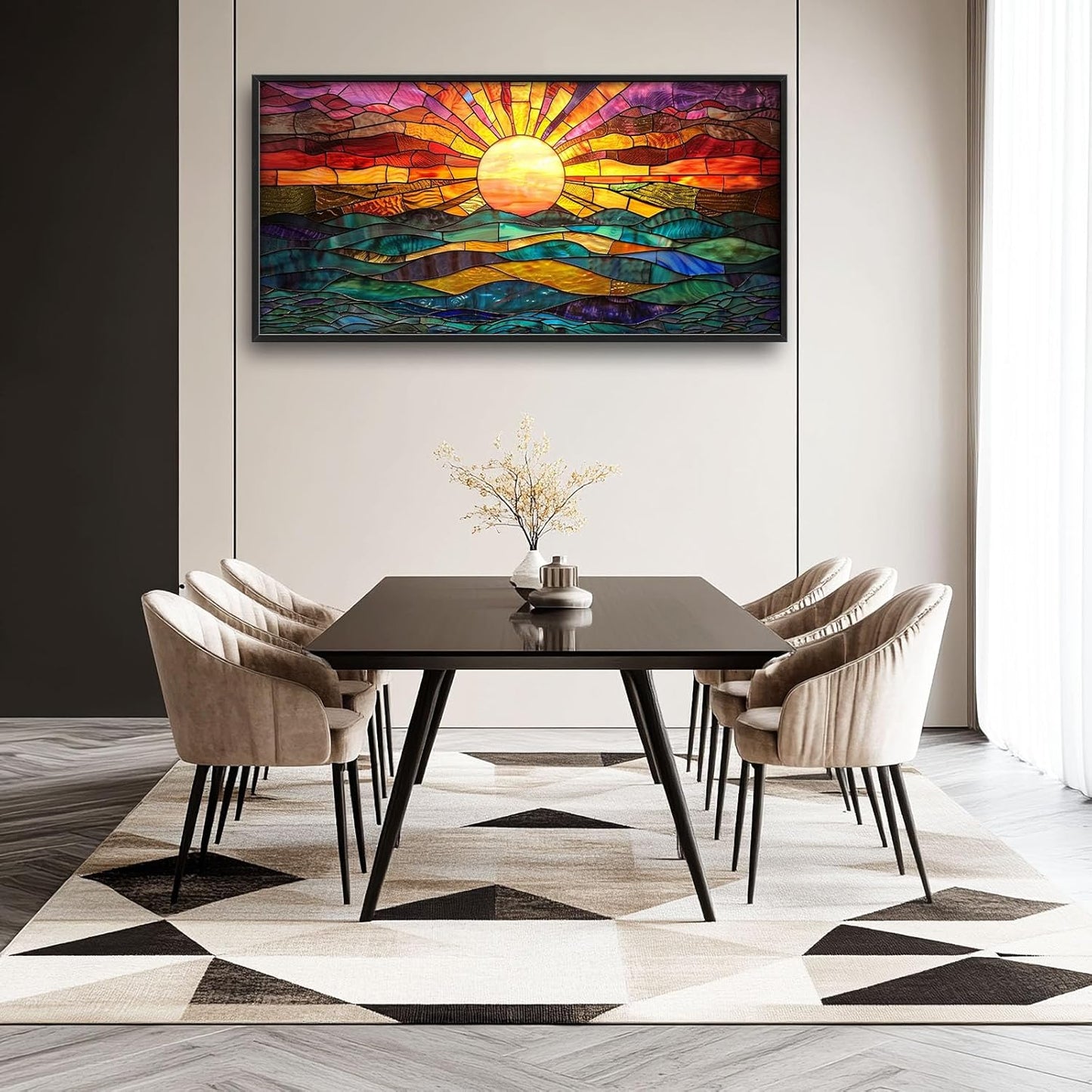 Quorin Boho Sun Large Wall Art Colorful Pictures Abstract Geometric Sun Sunset Sea Wall Decor Modern Canvas Print Painting Artwork for Dining Room Living Room Bedroom 60L x 30W