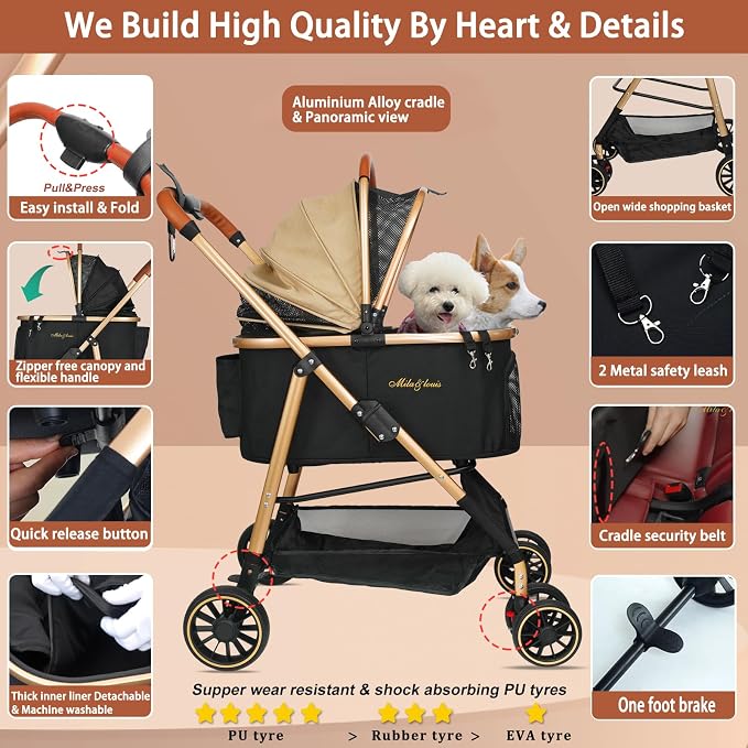 MILA&LOUIS Dog Stroller, 24" Pet Cradle, Lightweight & Stylish Pet Stroller for Small and Medium Pets, 33 Lbs Capacity with Cup Holder, Hook, Detachable Aluminum Cradle (Khaki)