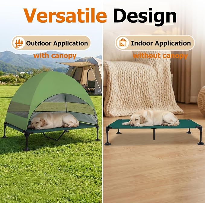 Elevated Dog Bed with Upgraded Canopy, Raised Outdoor Dog Tent with Powerful Anti-Slip Feet, Portable Pet Cot with Larger Shade, Raised Cooling Bed for Camping, Backyard, Beach, Poolside