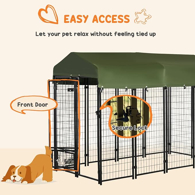 PawHut 8' x 4' x 6' Dog Kennel Outside, Welded Wire Outdoor Dog Kennel Run with 360° Rotating Bowls, Waterproof & UV Resistant Cover, for S&M&L Breeds, Chickens, Ducks, Green | Welded Wire Dog Kennel Outside Run, Waterproof & UV Resistant Cover, for S&...