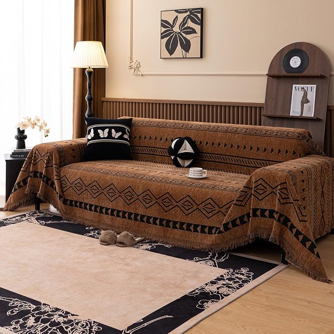VClife Bohemian Couch Cover for Dog, Plush Thick Chenille Aztec Couch Cover for 2 Cushion Couch Sofa Pet Friendly Sofa Slipcover with Tassel 71"X118"