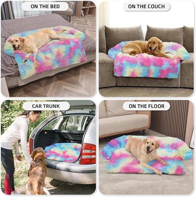 GGIB Calming Dog Bed Fluffy Plush Dog Mat for Furniture Protector with Removable Washable Cover for Large Medium Small Dogs and Cats (Extra Large (53x39.3x6), Rainbow)