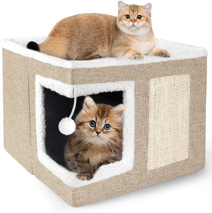 Loyareal Cat Houses for Indoor Cats - Large Cat Bed Cave with Scratch Pad and Fluffy Ball, Foldable Cat Condo Hideaway with Reversible Cushion for Multi Small Pet, Khaki