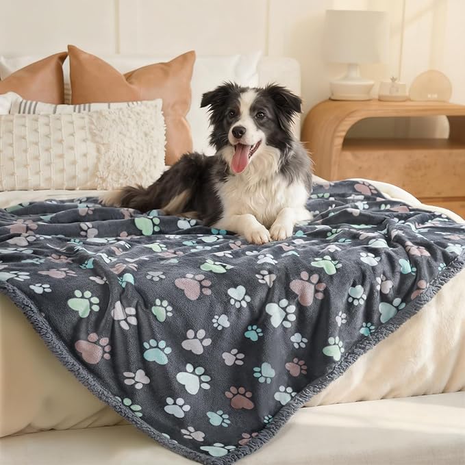 Luciphia Waterproof Pet Blankets for Couch Sofa Bed Cover Cat Liquid Pee Proof Washable Soft Fluffy Large Dog Blanket Reversible Furniture Protection Puppy Grey Paw Thicken Queen（ 82 x 90
