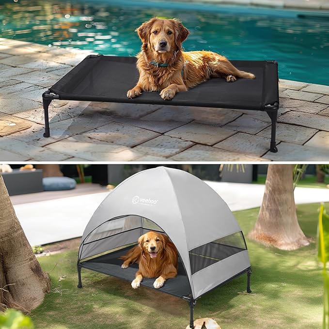 Veehoo Outdoor Dog Bed with Canopy, Cooling Elevated Dog Shade for Outside | Portable Raised Dog Cot with Removable Shade, Sun Protection Dog Tent Outdoor for Camping, Beach, 42" x 33.5", Black