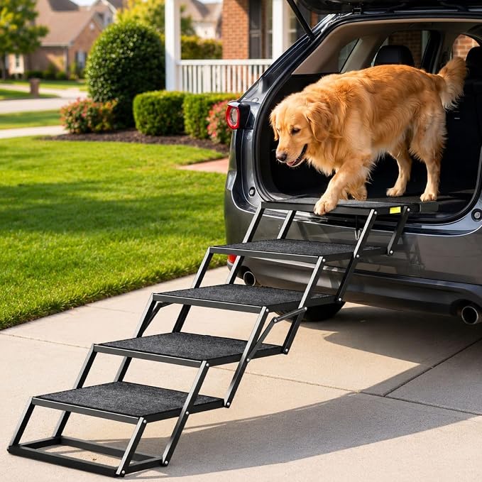 Dog Ramp for Car, Foldable Dog Steps for Car with Non-Slip Surface, Dogs Stairs for Cars, High Beds, Truck, Supports up to 250lbs, 5 Steps