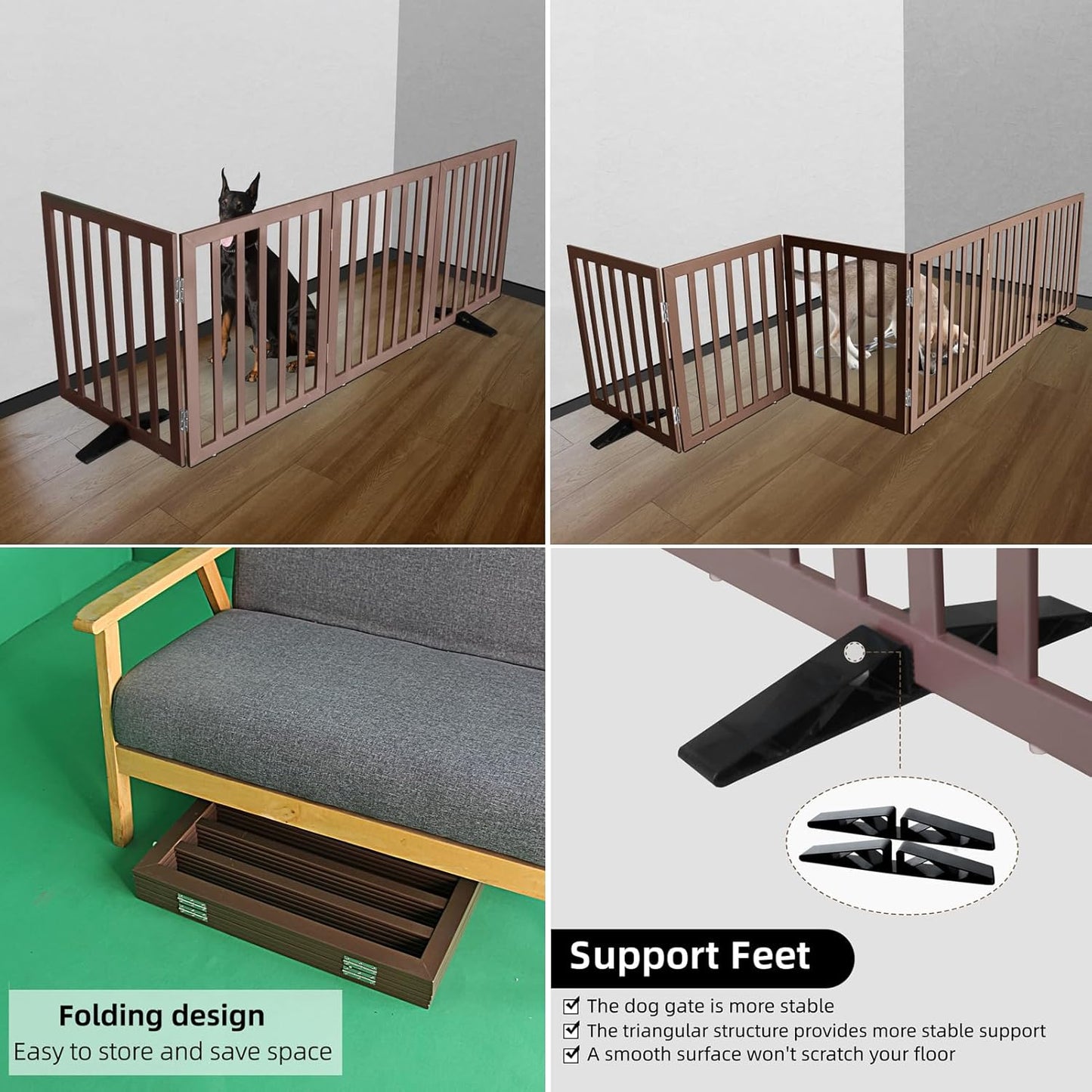 ZJSF Freestanding Indoor Dog Gate for House Foldable Wood Puppy Gate for Doorways Pet Gate for Stairs Extra Wide Pet Fence, Brown, 32" Height 3 Panels