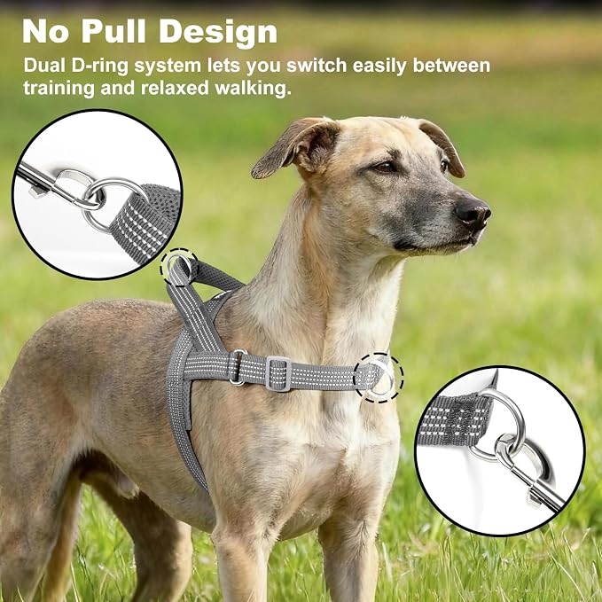 No Pull Dog Harness with Handle, Adjustable Soft Mesh Padded Vest | Reflective Walking Harness with Front Clip for Small Medium Large Dogs, Quick Fit No Escape for Training, Gray. L