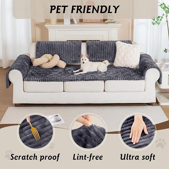 PuTian 100% Waterproof Fuzzy Couch Cover for Dogs Dark Grey 27.6"x27.6" | Pet Friendly Dog Mat for Couch, Waterproof Sofa Protector, Scratch Resistant Furniture Cover for Dogs, Machine Washable
