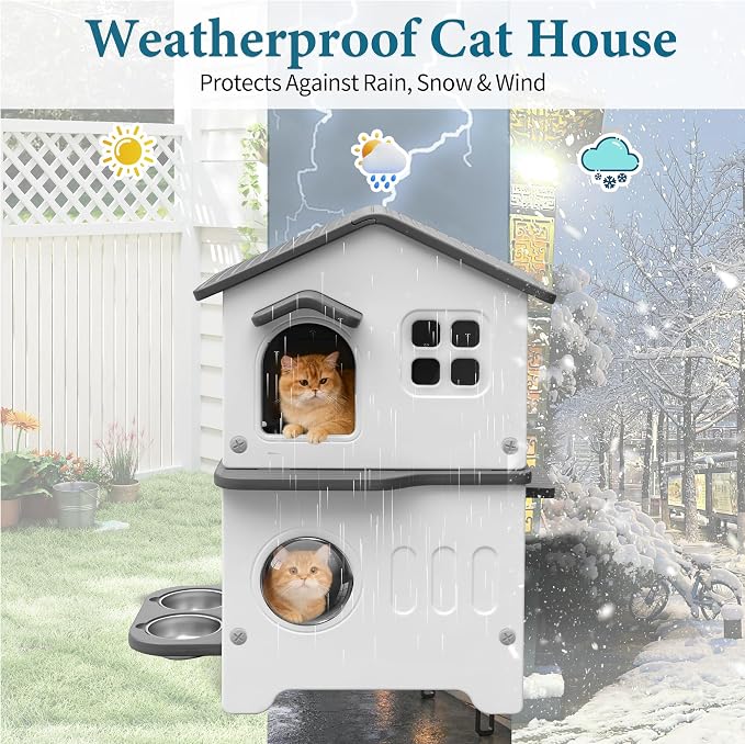 Cat House Outdoor Weatherpoof Plastic Cats Houses 2-Story | with Elevated Cat Bowls, Cat Scratch Pads and Escape Door, Indoor Waterproof Feral Cat Shelter Outside for Multiple Cats