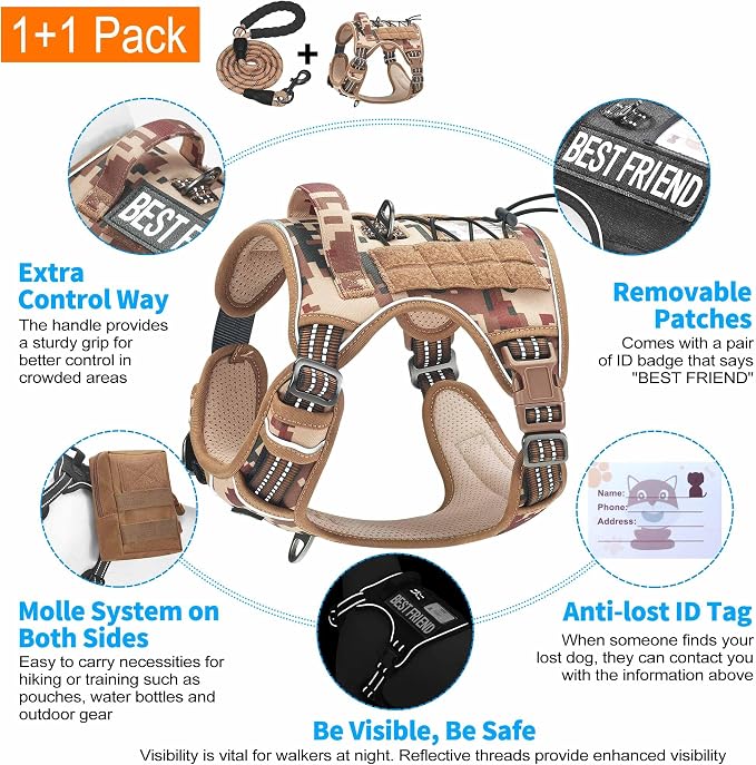 Beebiepet Heavy Duty Tactical Dog Harness for Small Dogs, No Pull Adjustable Pet Harness Reflective Service Training Easy Control Pet Vest Military K9 Working Dog Harnesses- Large, Desert Camo