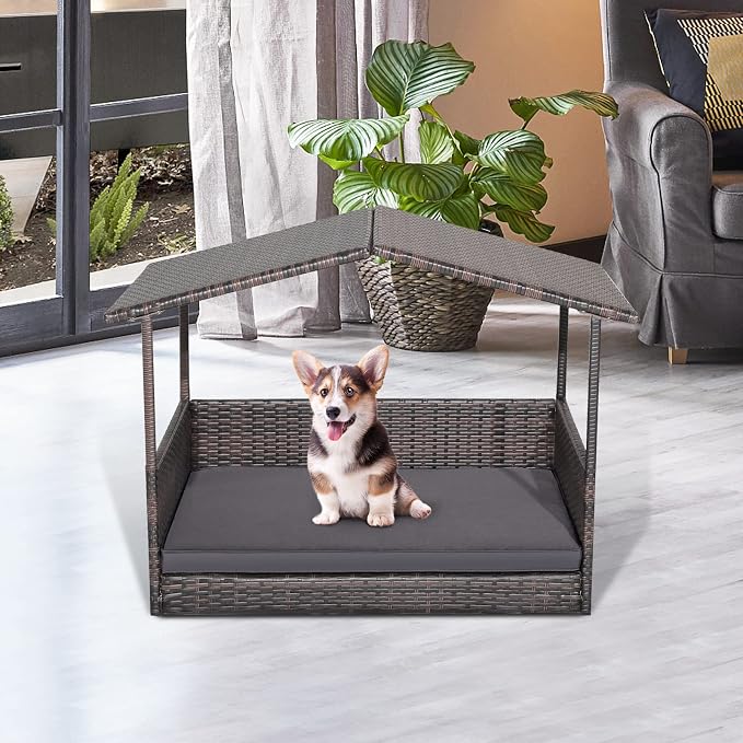 Tangkula Wicker Dog House, Indoor Outdoor Raised Rattan Dog Bed w/Removable Cushion, Washable Cover, Weatherproof Roof, Rattan Puppy Shelter w/Elevated Floor for Small Medium Dogs (Grey)