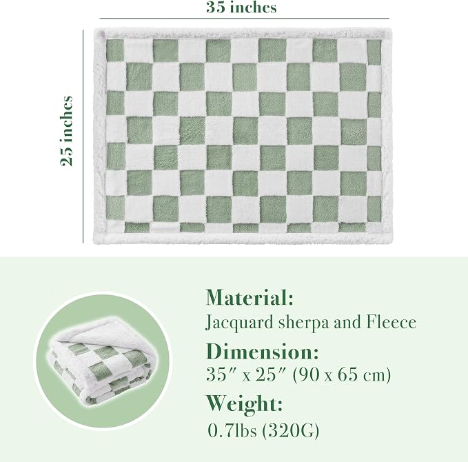 Ohocut Checkered Dog Blanket, Sage Green Jacquard Sherpa Blankets for Small Dog and Cats, Cute Aesthetic Style Fluffy Fleece Pets Blanket for Couch Protection Washable, 25"x35"