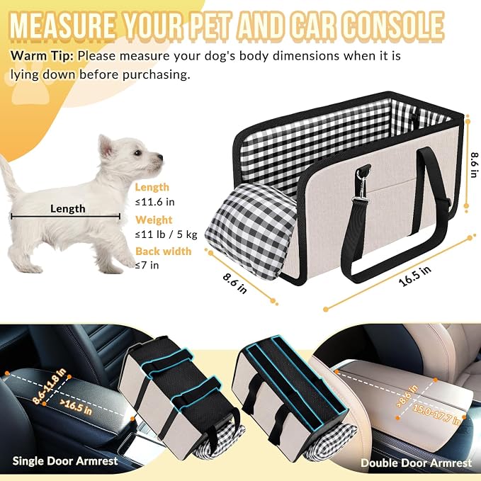 SlowTon Console Dog Car Seat - Portable Dogs Armrest Booster Seat for Small Dog, Anti-Collapse Pet Car Seat with Soft Cushion Safety Belt, Support Pet Up to 11lbs(Beige)