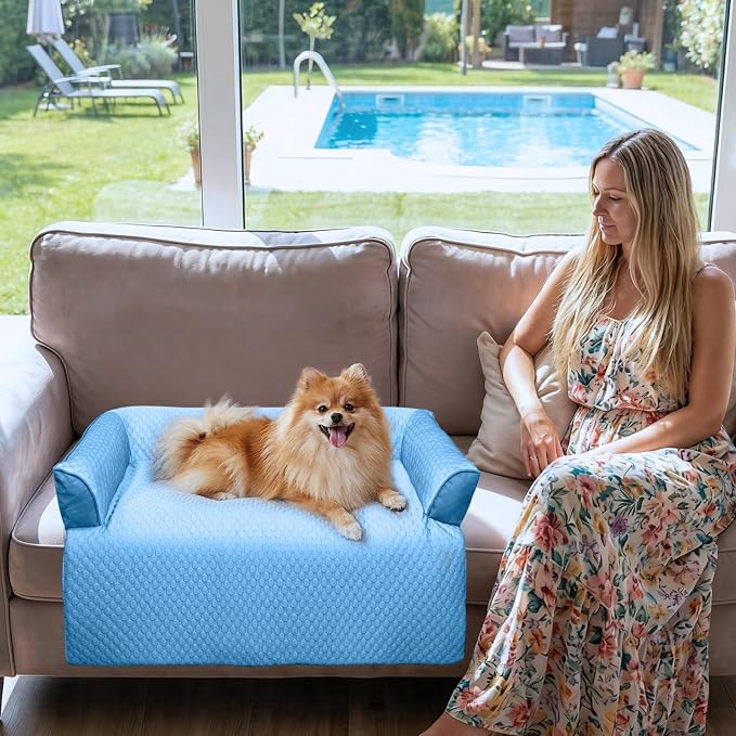 GGIB Cooling Dog Bed Mat with Bolster Pillow Washable Dog Couch Cover Breathable Summer Pet Couch Bed Protector Indoor(Small, Cooling Blue)